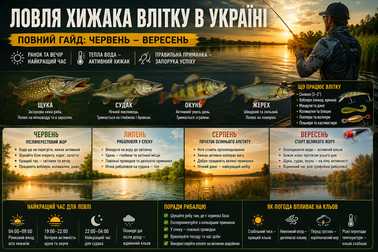 Ловля хижої риби влітку 2026: повний гайд по щуці, судаку, окуню та жереху в Україні